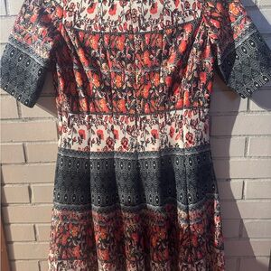 Julian Taylor Red, Black and Cream Floral Patchwork Midi Dress